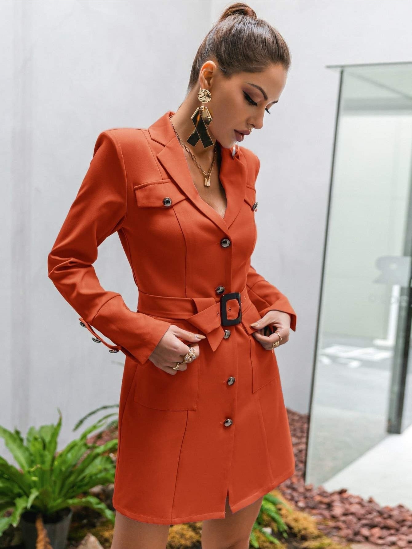 GLAMAKER BUTTON FRONT BELTED BLAZER DRESS Women's Casual Jacket Fashion Beauty Button Front Belted Blazer Dress Unique Comfortable Charming Lovely